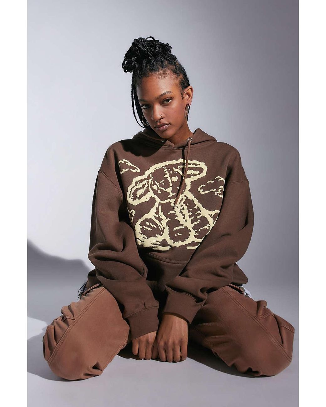 Urban Outfitters Lamb Doodle Puff Paint Hoodie Sweatshirt in Brown | Lyst