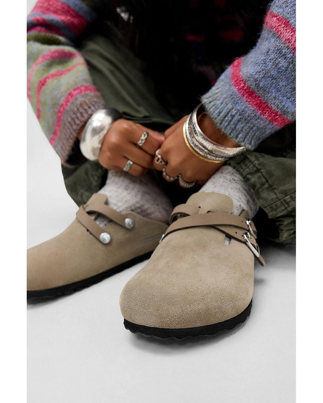 Birkenstock Black Taupe Blair Buckle Clogs