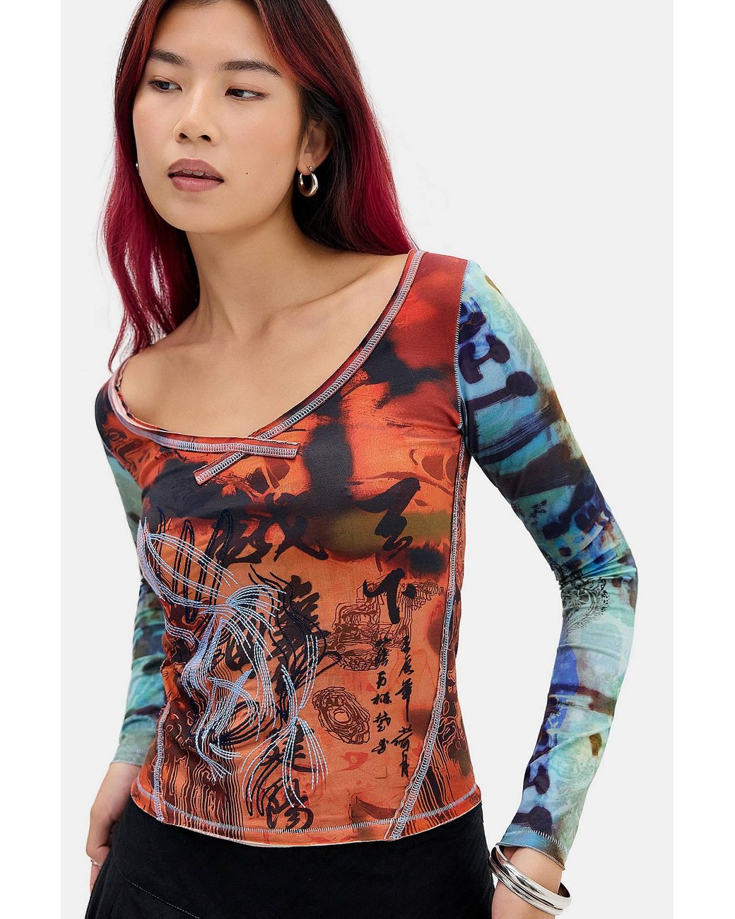 Kimchi Blue Red V-neck Asiatic Graphic Tee