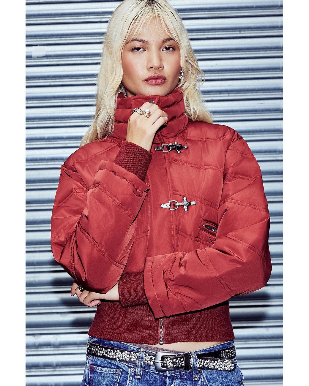 BDG Red Lyla Clasp Puffer Jacket