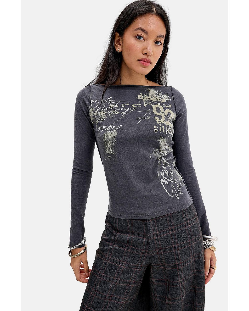 Urban Outfitters Blue Uo Archive 92 Slash Neck Long Sleeve Tee