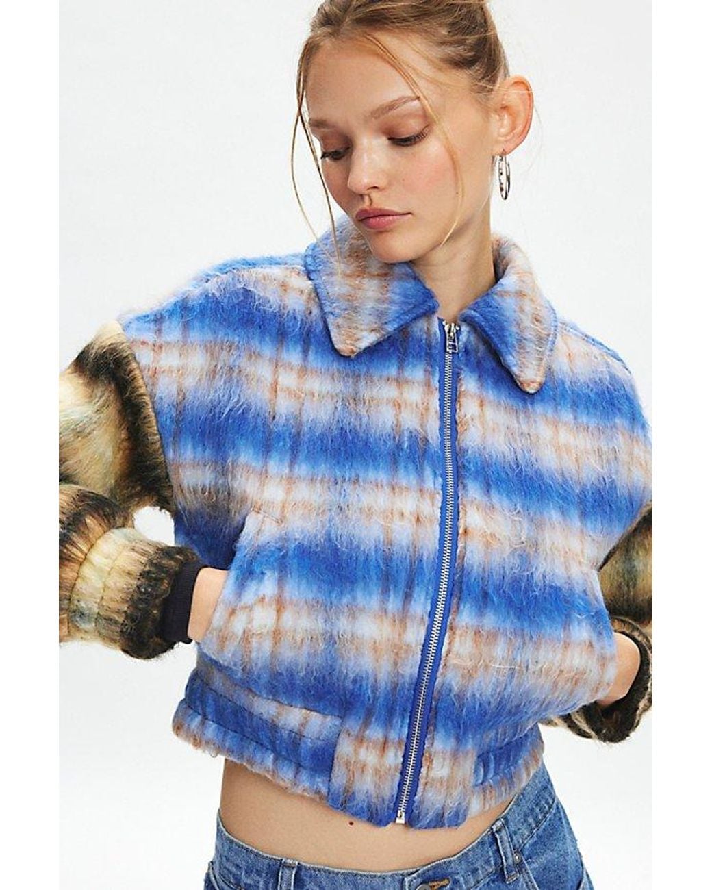Kimchi Blue Kimchi Stevie Patchwork Plaid Bomber Jacket in Blue | Lyst
