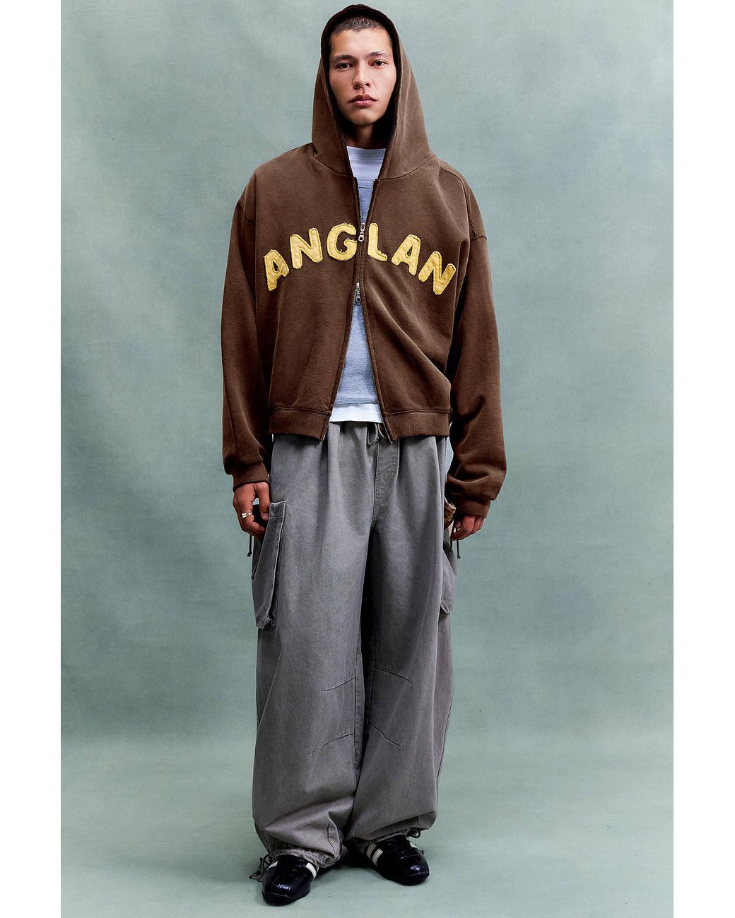 ANGLAN Gray Brown Zip-through Hoodie for men