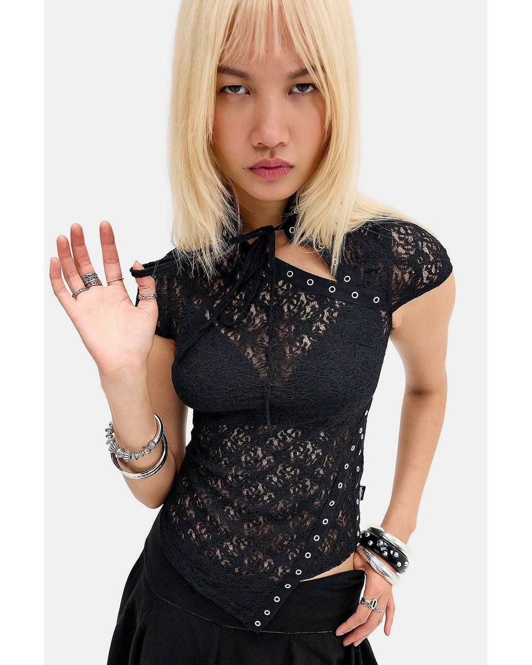 Minga Black Moor Lace Cap Sleeve Top