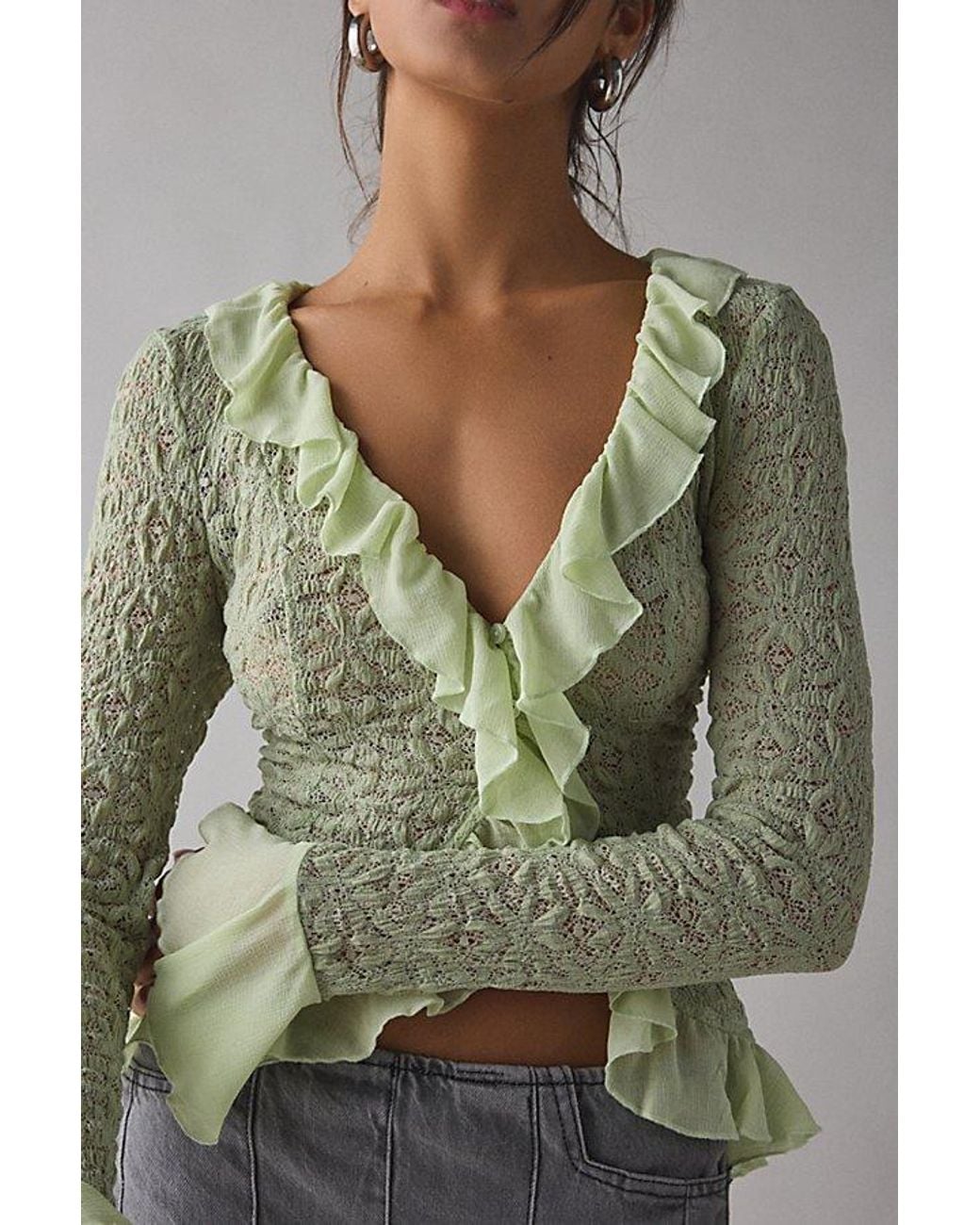 Kimchi Blue Libby Ruffle Trim Flyaway Lace Cardigan Top in Green