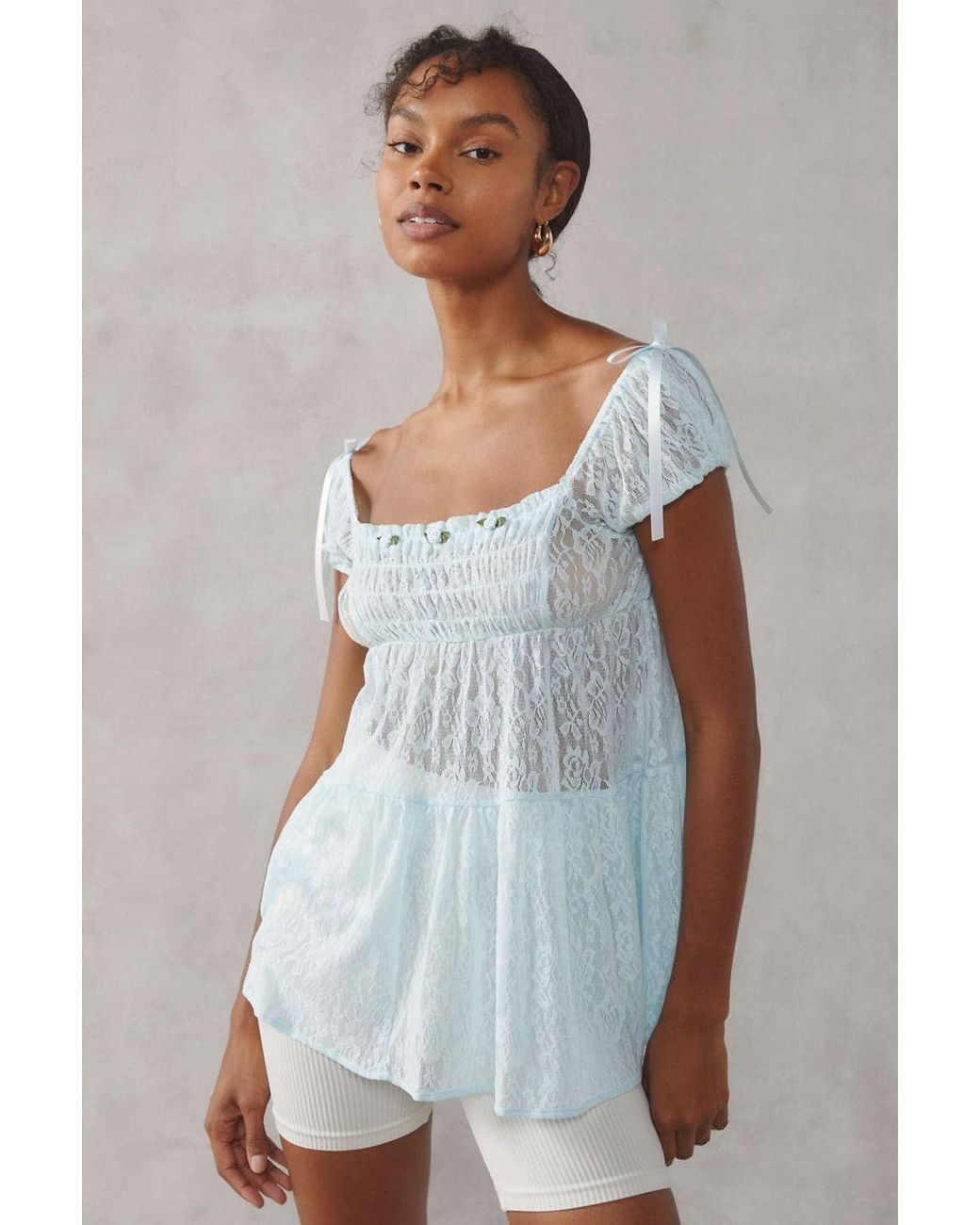 トップス andmary Paula lacey chiffon tops Blue ANDMARY】Paula lacey chiffon tops