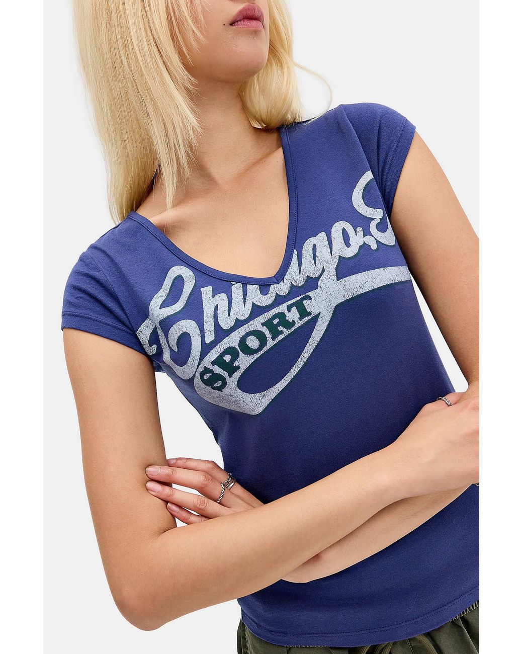 Urban Outfitters Blue Uo Chicago V-neck Sporty Baby Tee