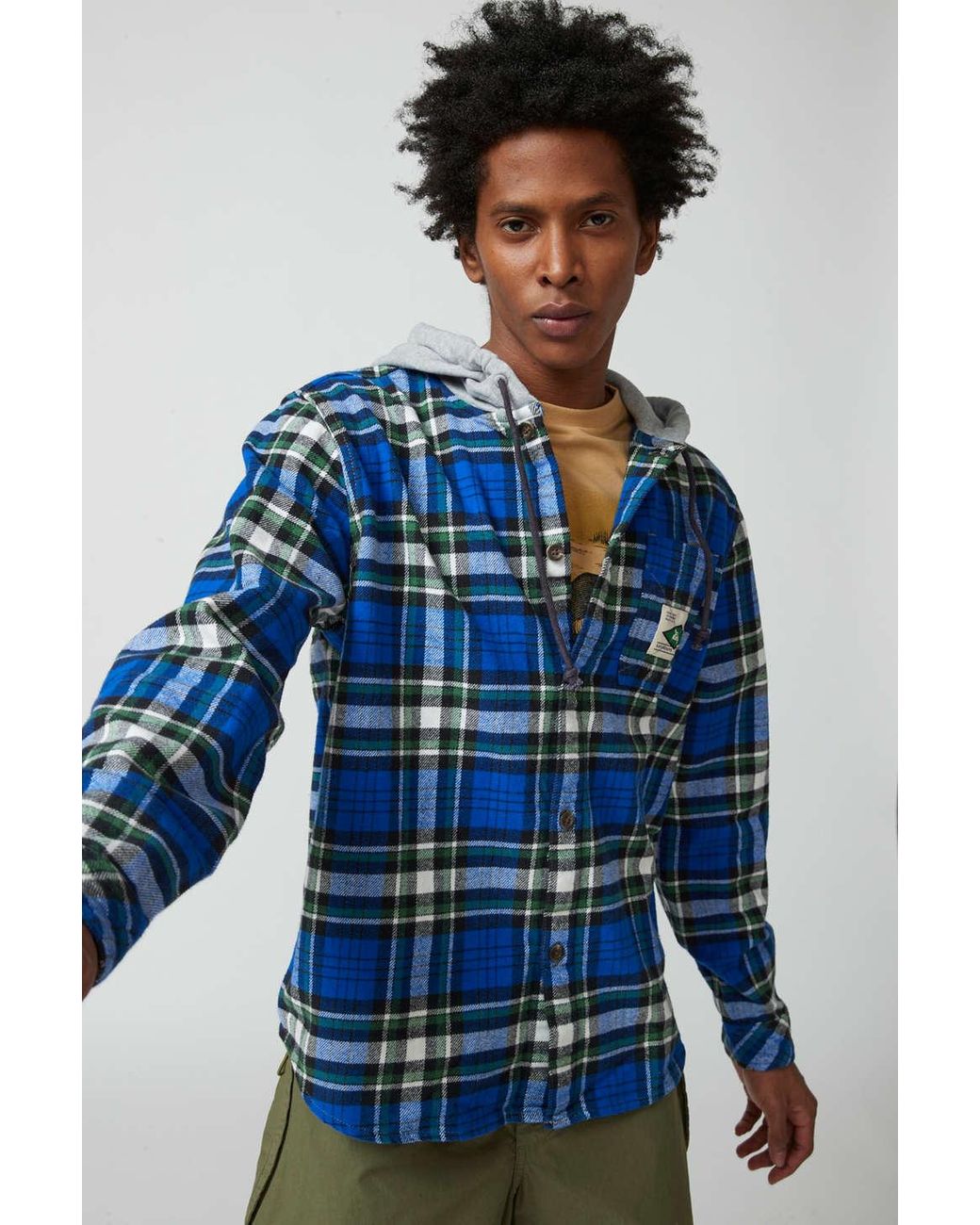 Quiksilver X Saturdays Nyc Plaid Hooded Overshirt Top In Blue at