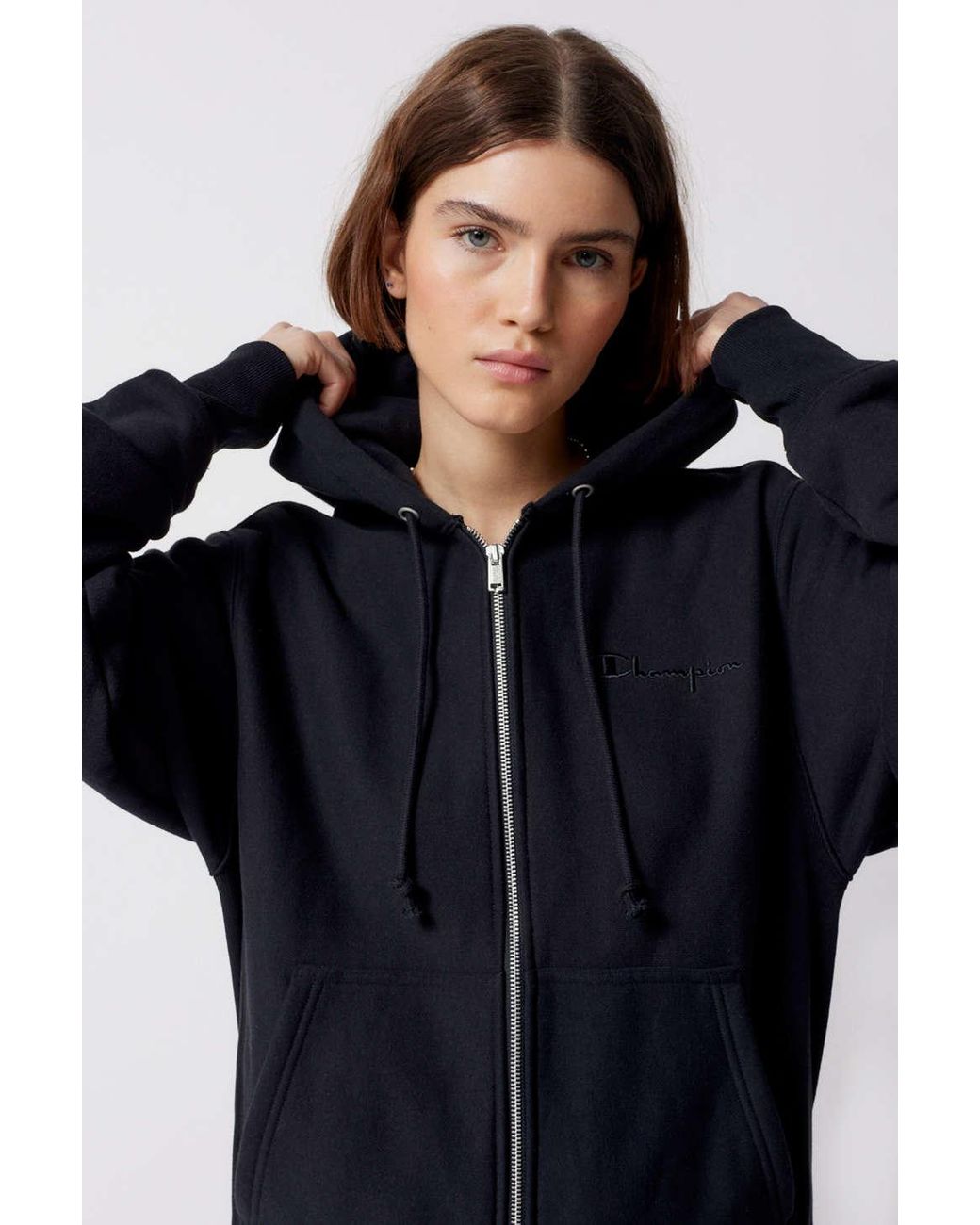 Champion Uo Exclusive Reverse Weave Full Zip Hoodie Sweatshirt In Black At Urban  Outfitters | Lyst