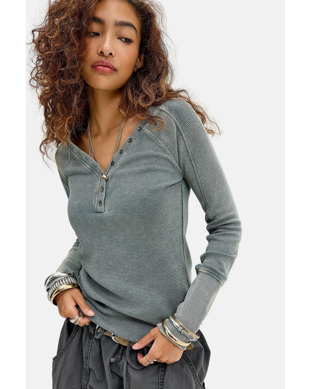 BDG Gray Lorna Waffle V-neck Henley Tee