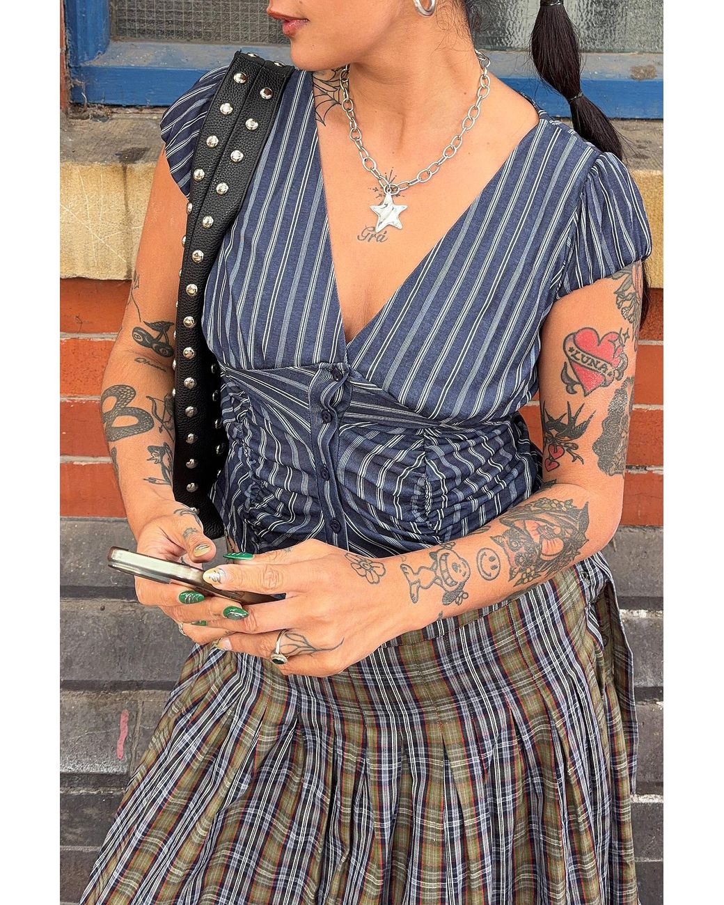 Silence + Noise Blue Silence + Noise Penny Ruched Mesh Shirt
