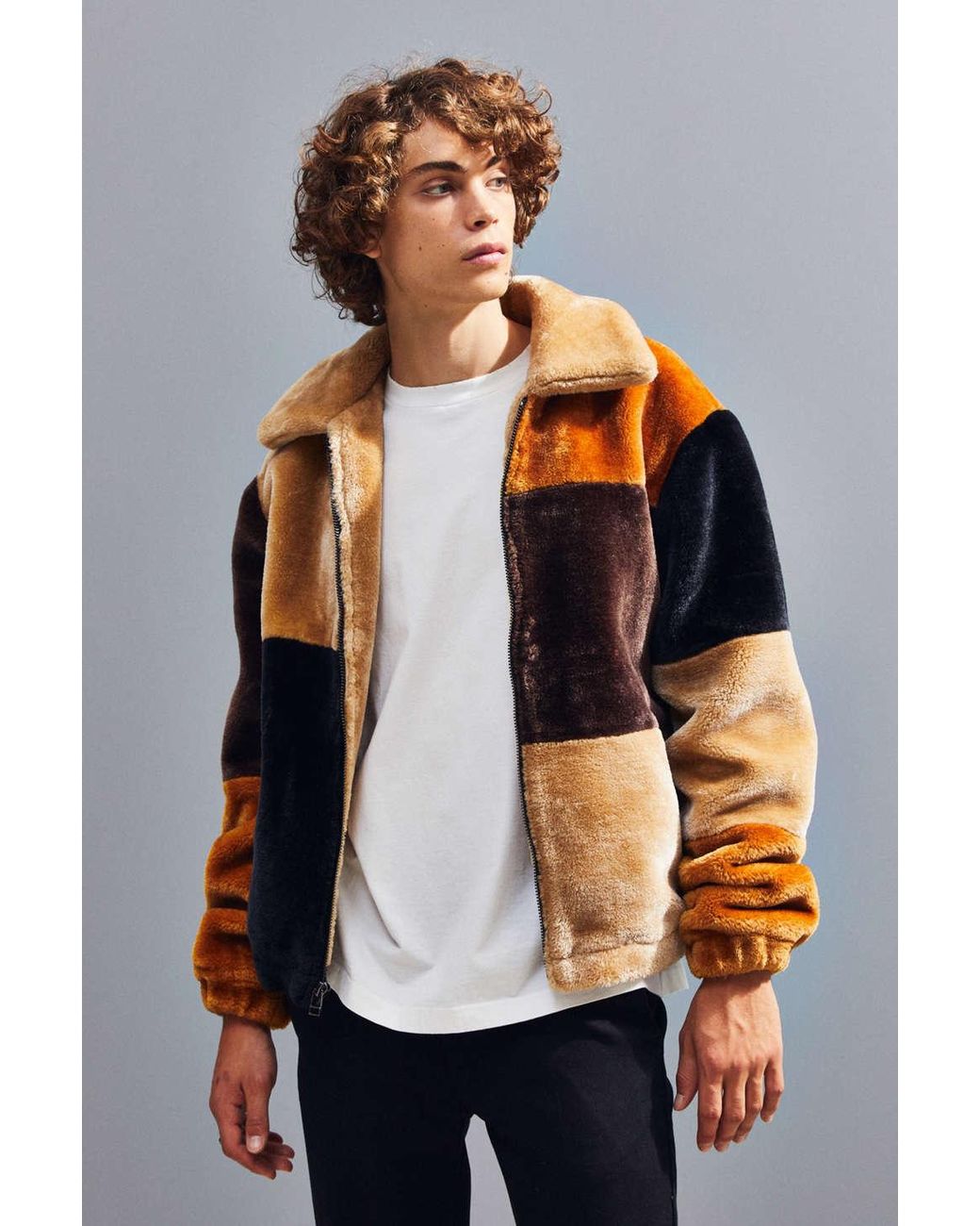 Urban Outfitters Uo Patchwork Faux Fur Jacket in Natural for Men | Lyst