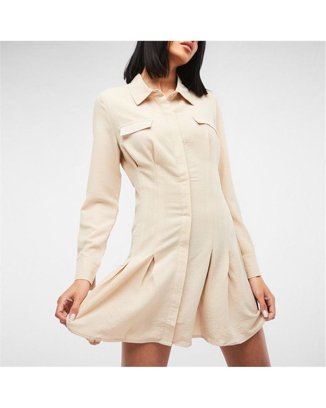 Missguided Petite Textured Pleated Shirt Dress in Natural | Lyst UK