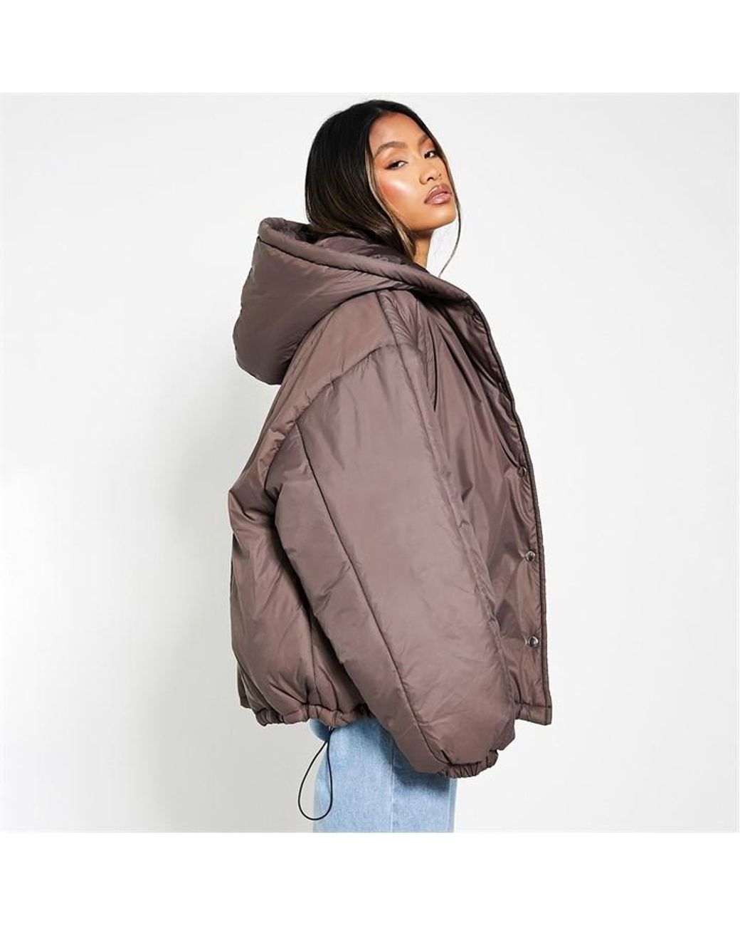 I Saw It First Hooded Padded Oversized Duvet Coat in Brown | Lyst UK