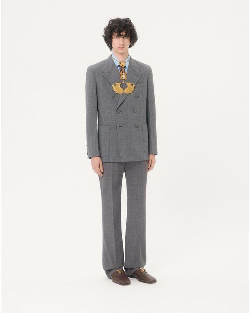 メンズ Valentino プレスドクリース ウールムーリネ ダブルブレスト ジャケット おとこ ブラック/グレー Gray