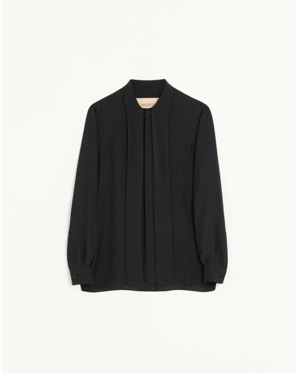 Valentino Black Crepe De Chine Silk Shirt With Scarf Collar And All-Over Vlogo Signature Jacquard for men