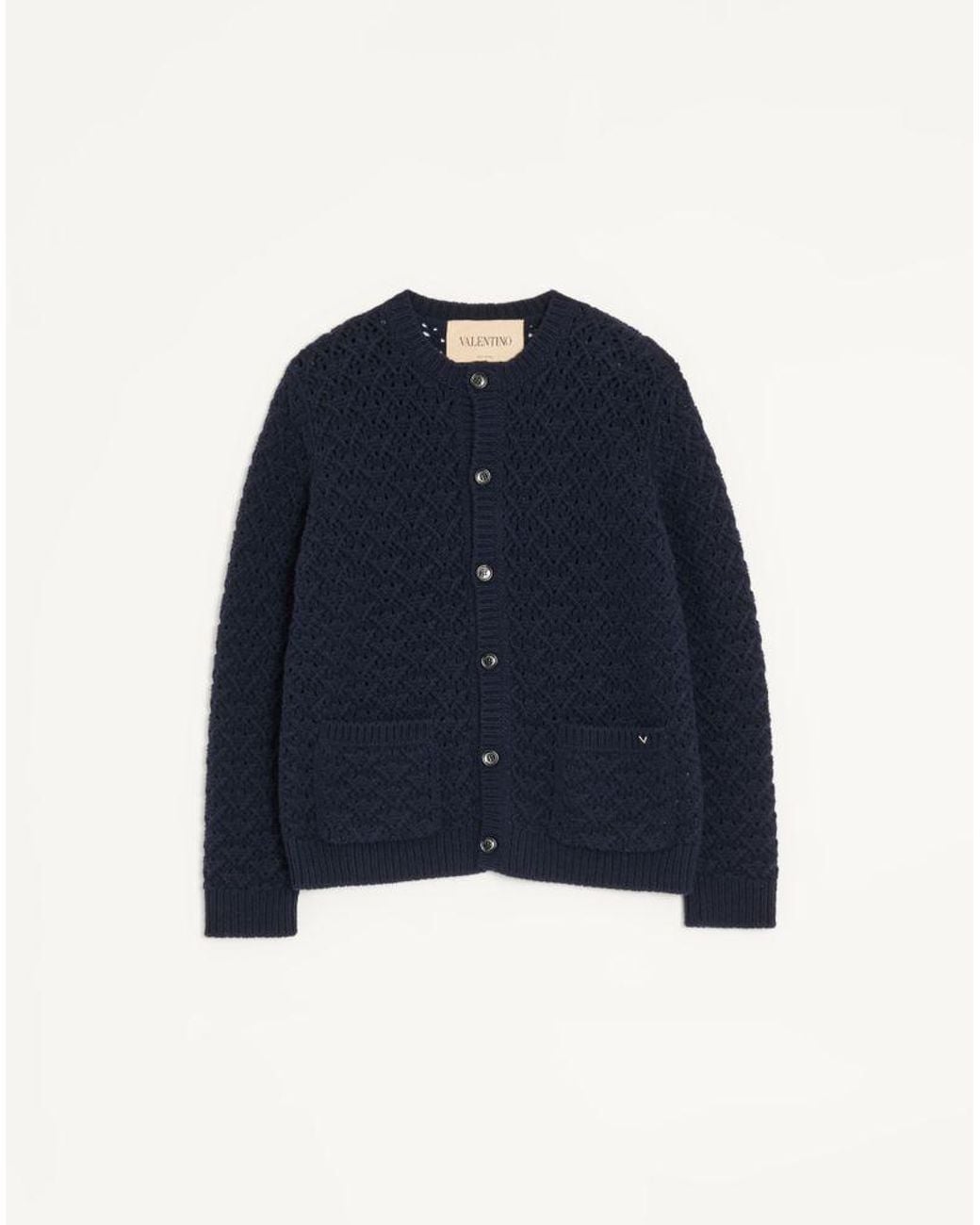 Valentino Blue Wool And Cashmere Cardigan With Metallic V Detail for men