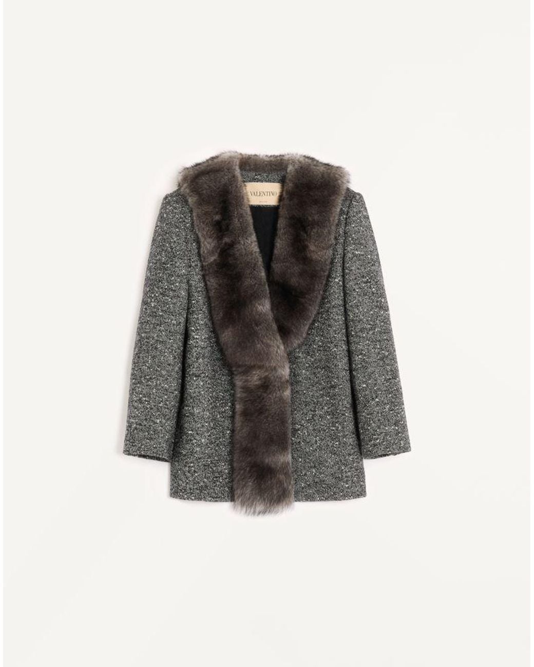 Valentino Multicolor Single-Breasted Chevron Bouclé Caban With Shearling 38