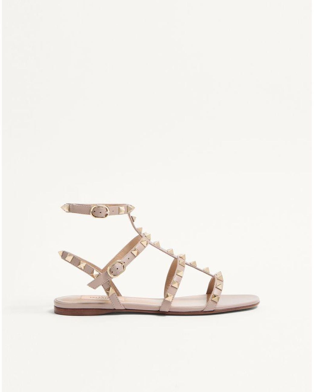 Valentino Garavani Natural Rockstud Flat Calfskin Sandal With Straps 34.5