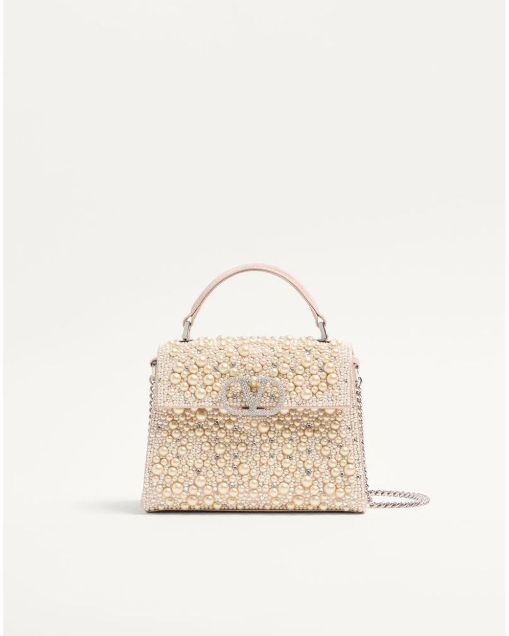 Valentino Garavani Natural Mini Vsling Handbag With Pearls, Rhinestones And Jewel Logo