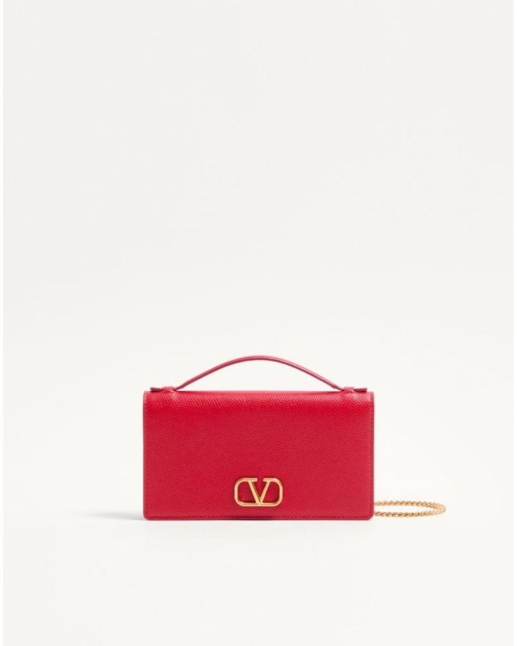 Valentino Garavani Pink Vlogo Signature Grainy Calfskin Wallet With Chain
