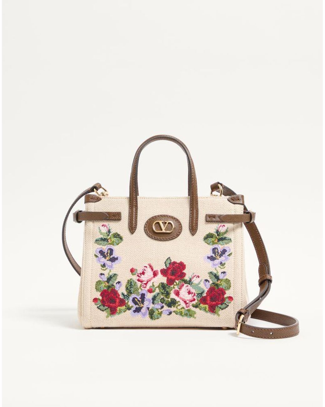 Valentino Garavani Natural Antibes Small Embroidered Linen Shopping Bag