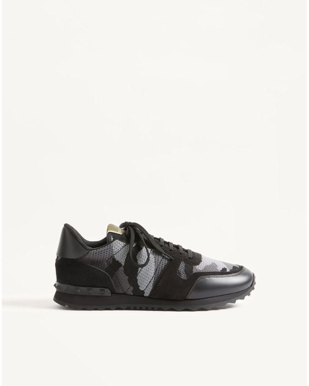 Valentino Garavani Black Mesh Fabric Camouflage Rockrunner Sneaker for men