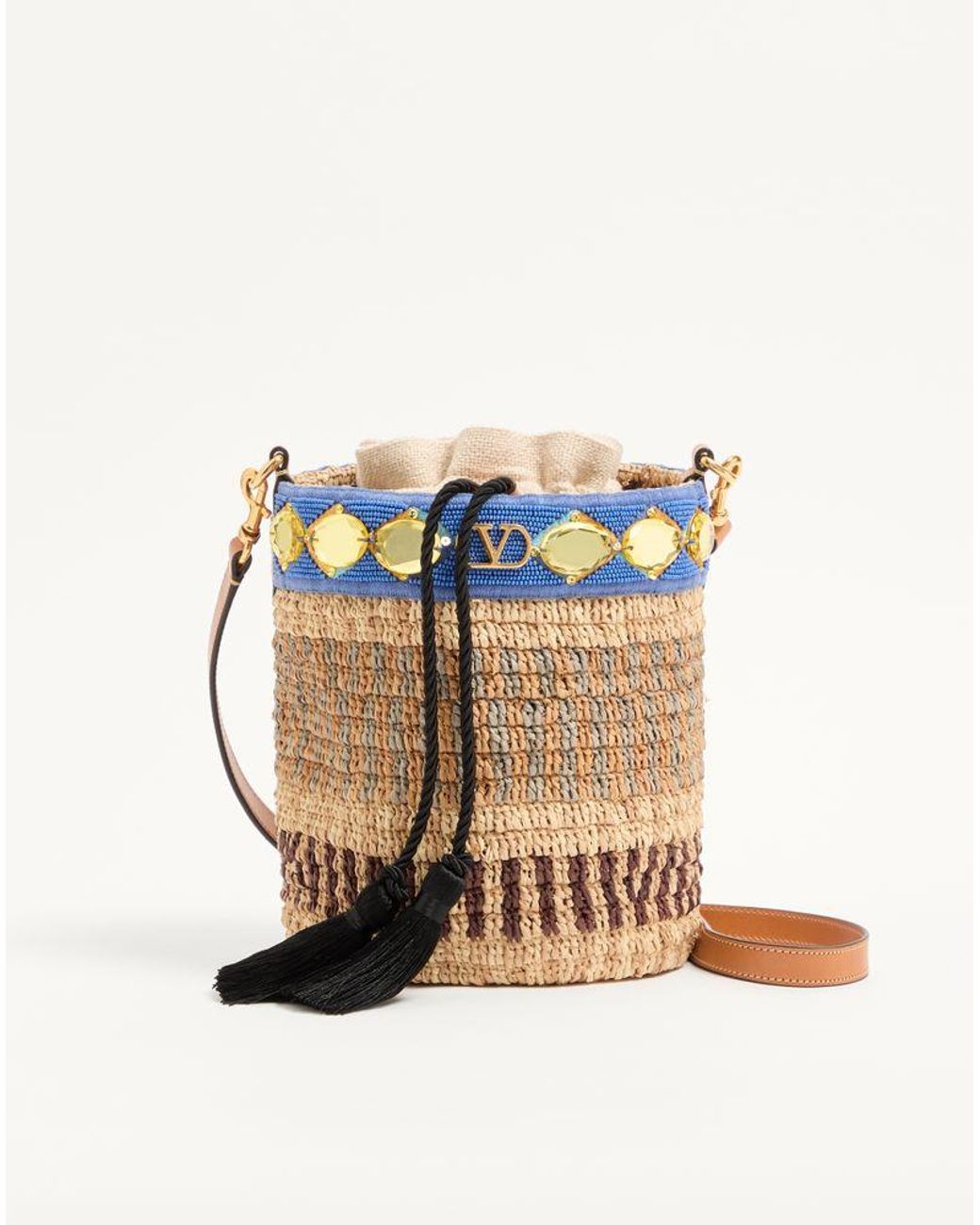 Valentino Garavani Blue Small Raffia Embroidered Bucket Bag