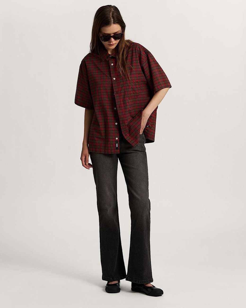 Vans Black Check-5 Low Rise Boot Cut Denim Trousers