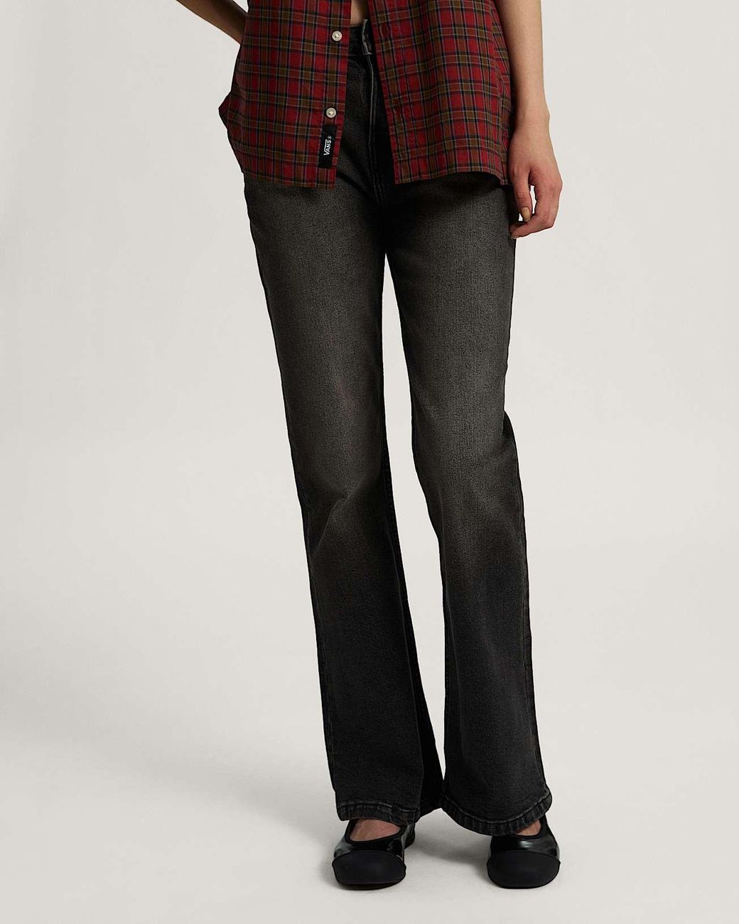 Vans Black Check-5 Low Rise Boot Cut Denim Trousers