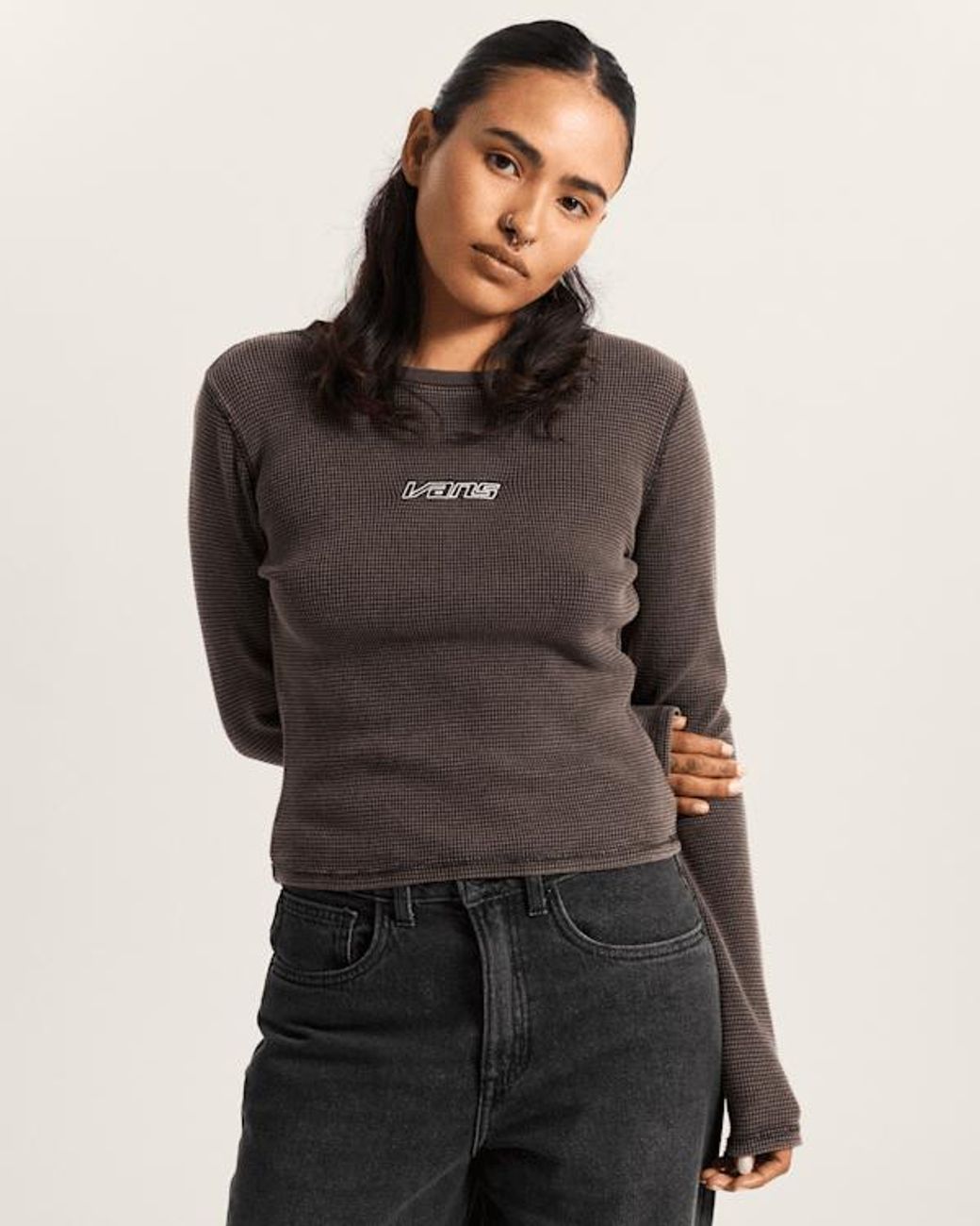 Vans Teri Waffle Tee Met Lange Mouwen, Vrouw, Grootte in het Brown