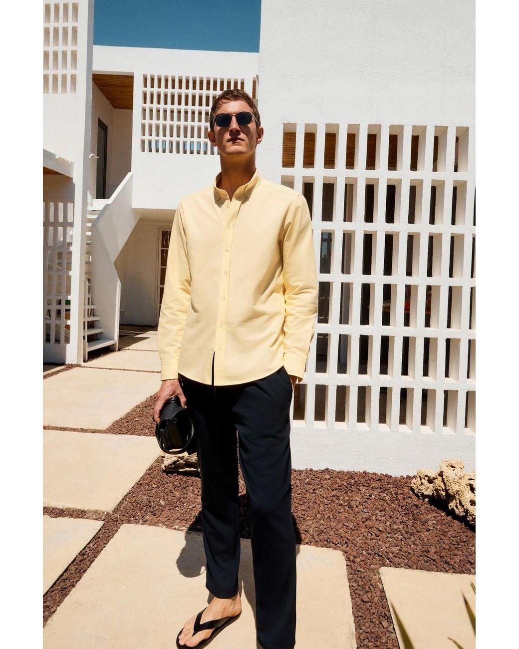 Grimelange Natural Slim Fit Button Collar Shirt for men