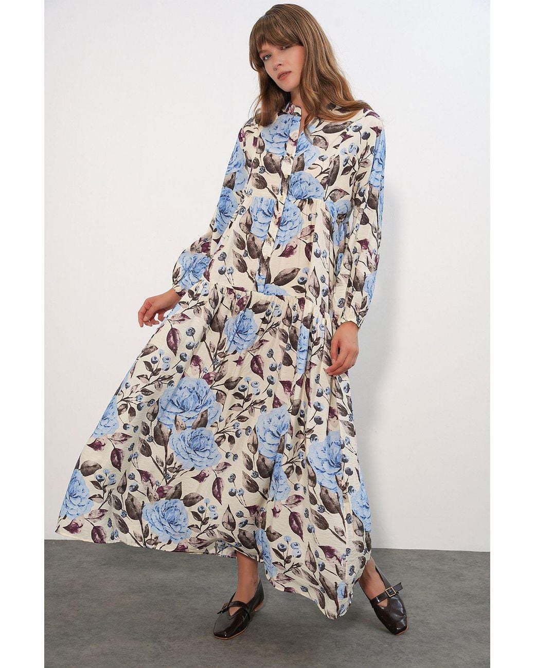Bigdart White Floral Maxi Dress With Mandarin Collar