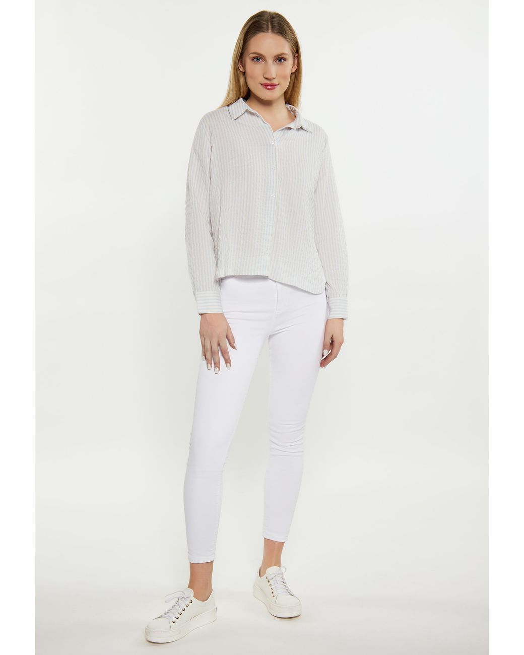 Dreimaster Blouse Dames Lichtblauw Wolwit in het White