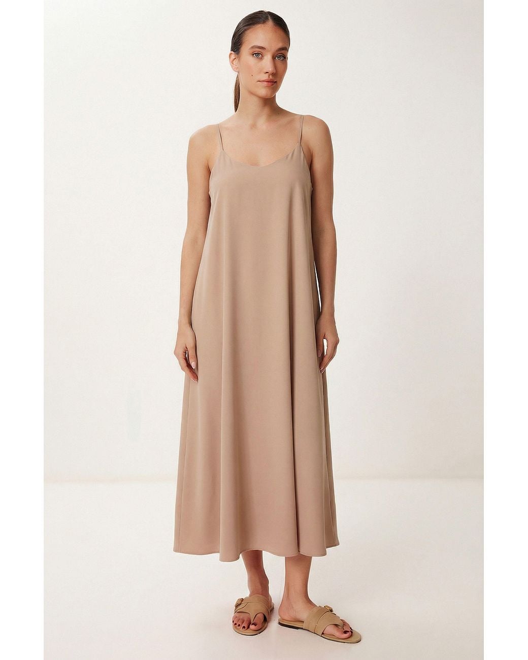 Happiness İstanbul Natural Loose Fit Midi Dress With U Collar