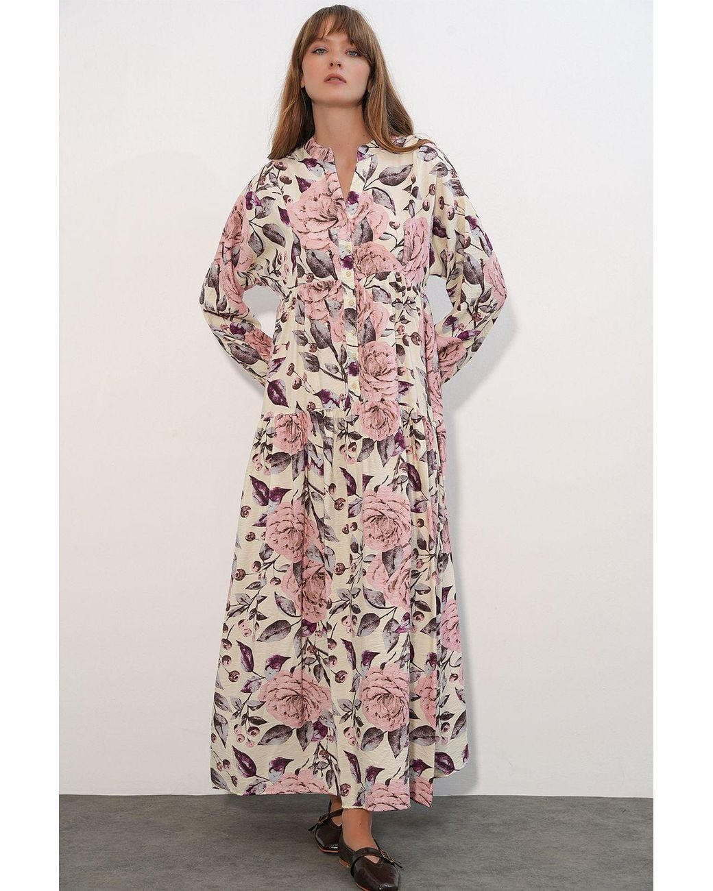 Bigdart Pink Floral Maxi Dress With Mandarin Collar
