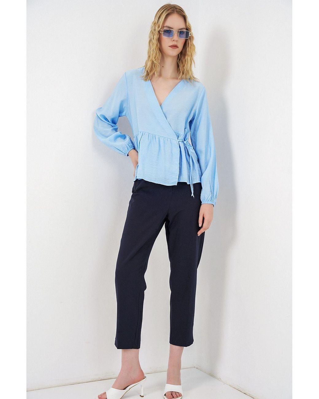 Bigdart Blue V-Neck Tie Detail Crepe Wrap Blouse