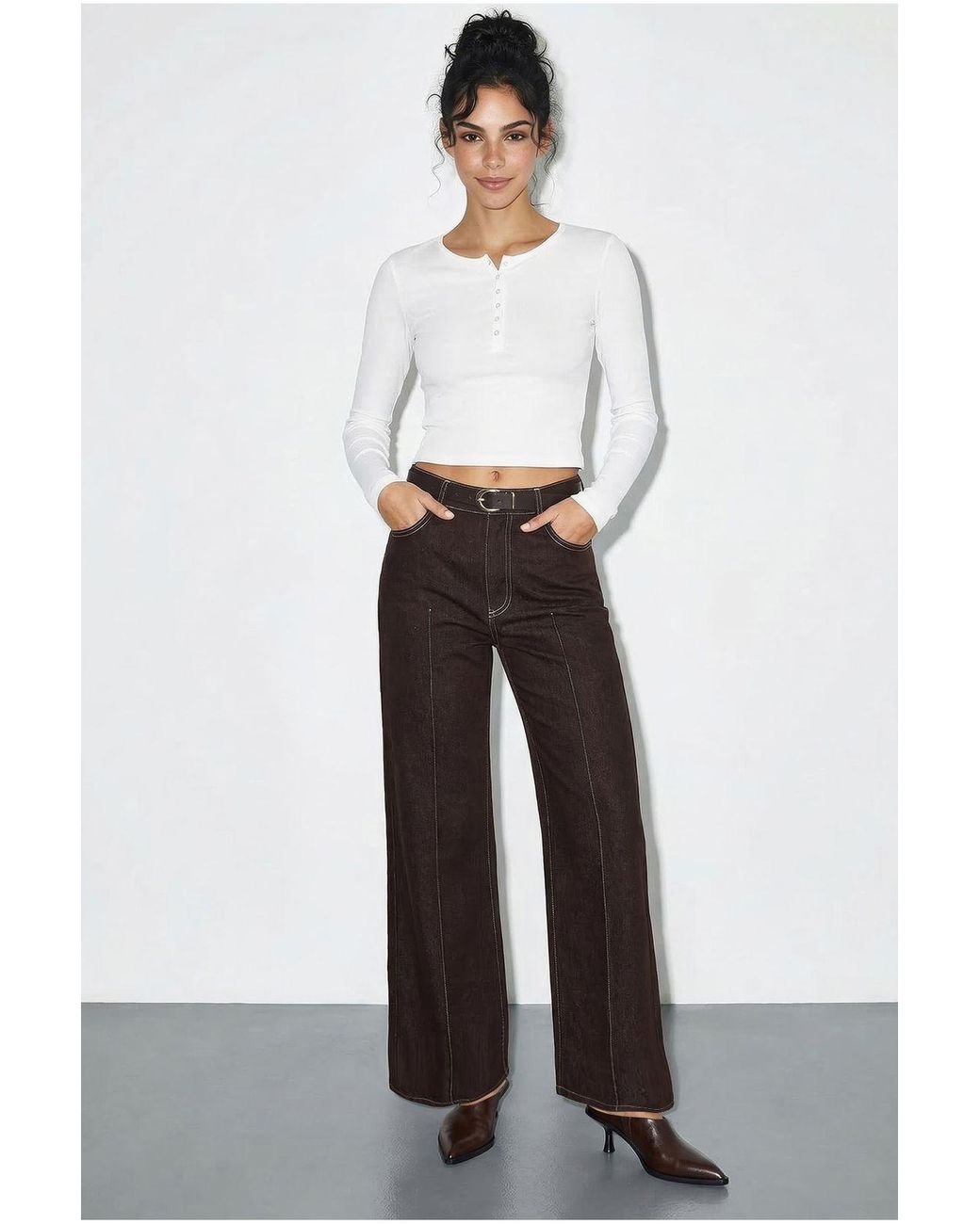 Bianco Lucci White High Waist Wide Leg Denim Trousers With Belt