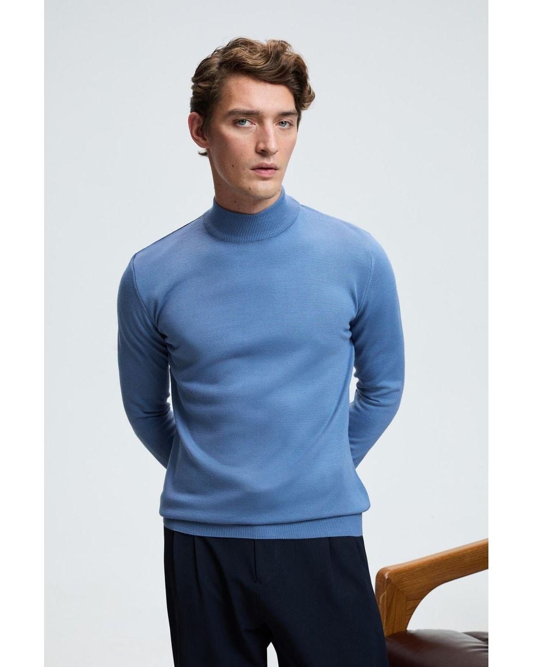 Grimelange Blue Fine Knit Ribbed Crew Neck Jumper for men