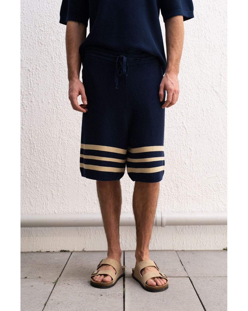 Giesto Blue Striped Cotton Jersey Shorts for men
