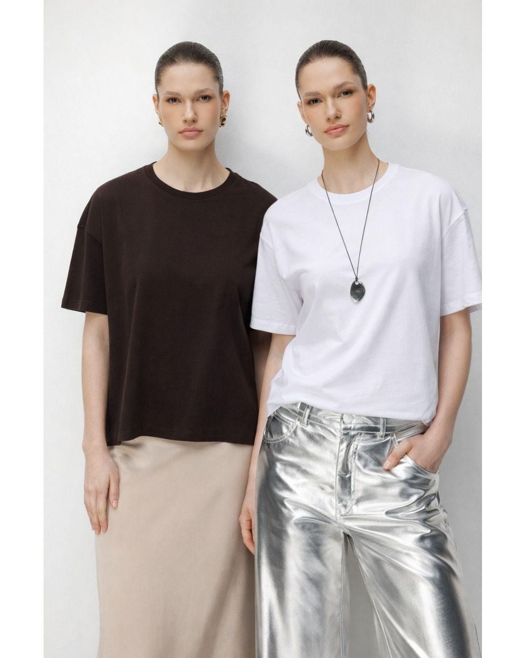 MixRay Brown Oversized Ribbed Crew Neck Two-Piece T-Shirt Set