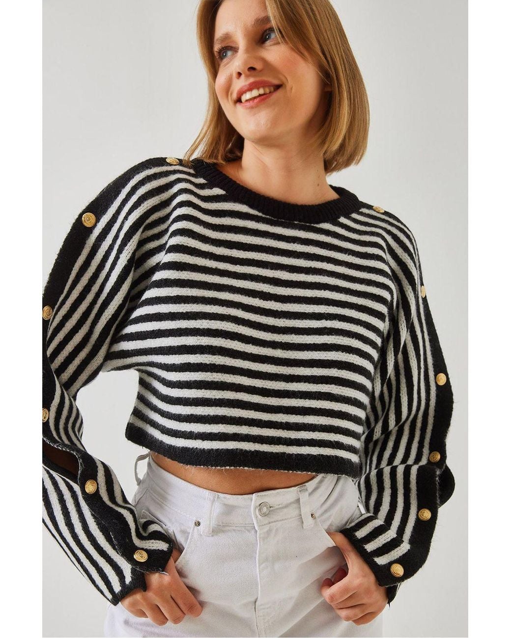 Bianco Lucci Black Striped Crop Sweater With Button Detail