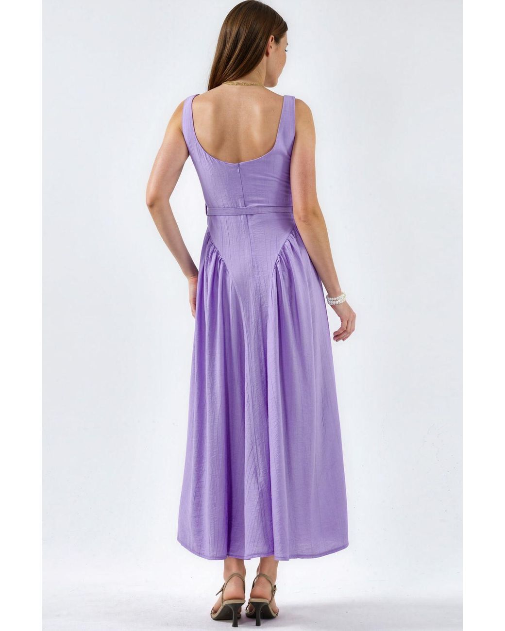 Busem Purple Square Collar Belted Midi Dress