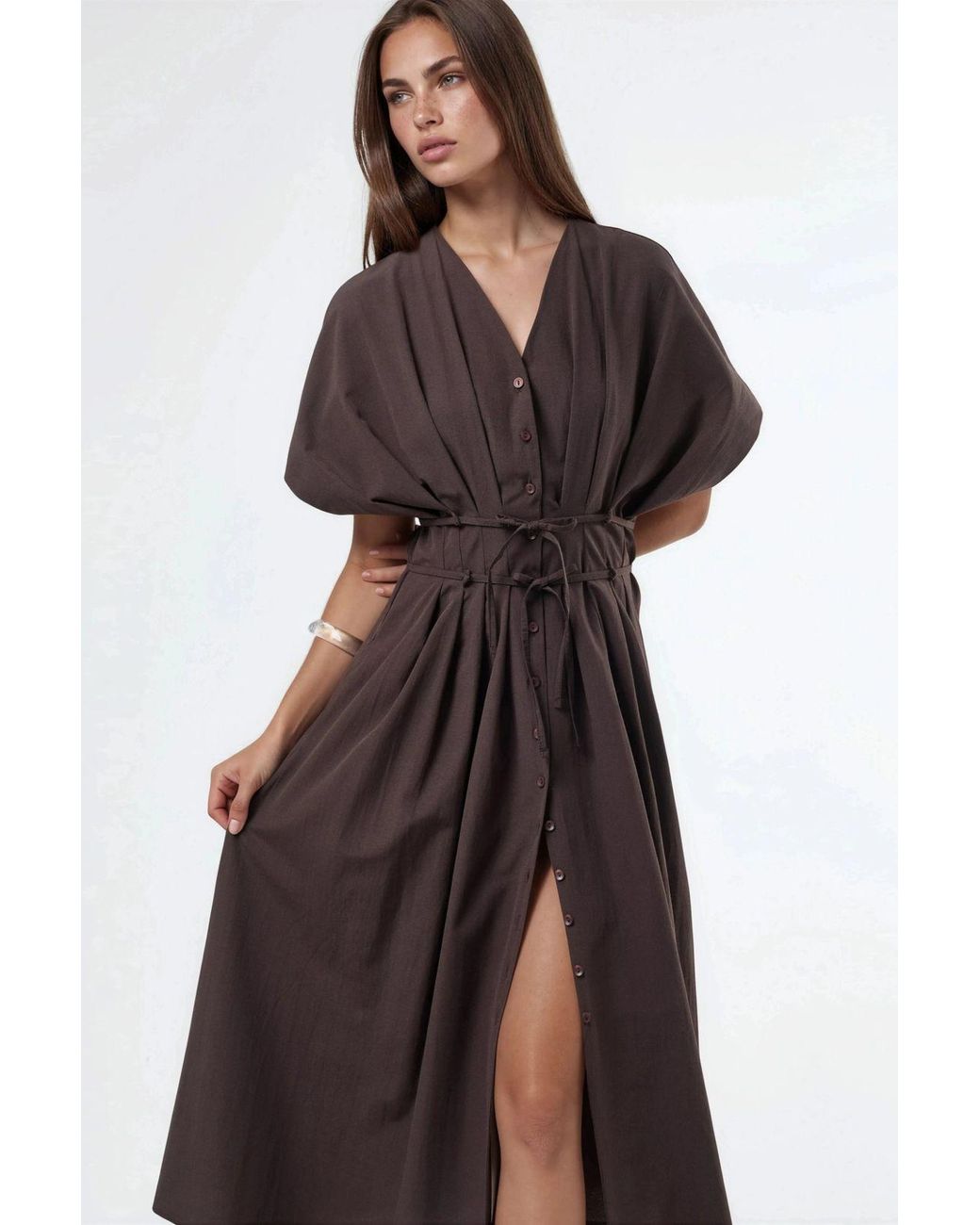 Busem Brown Casual V-Neck Midi Shirt Dress