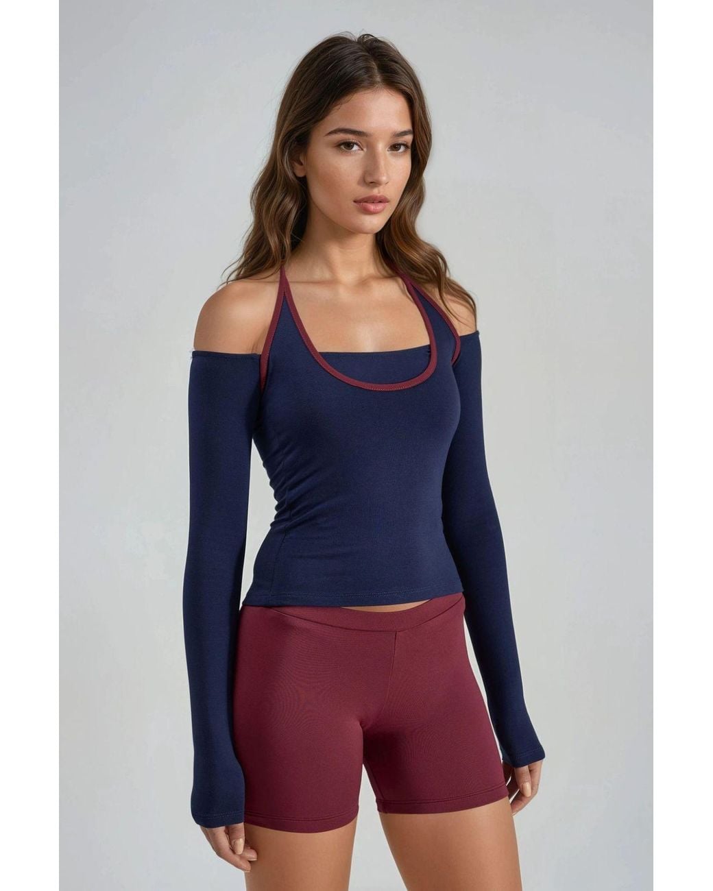 Busem Blue Slim Fit Knitted Blouse With U Collar And Contrast Binding
