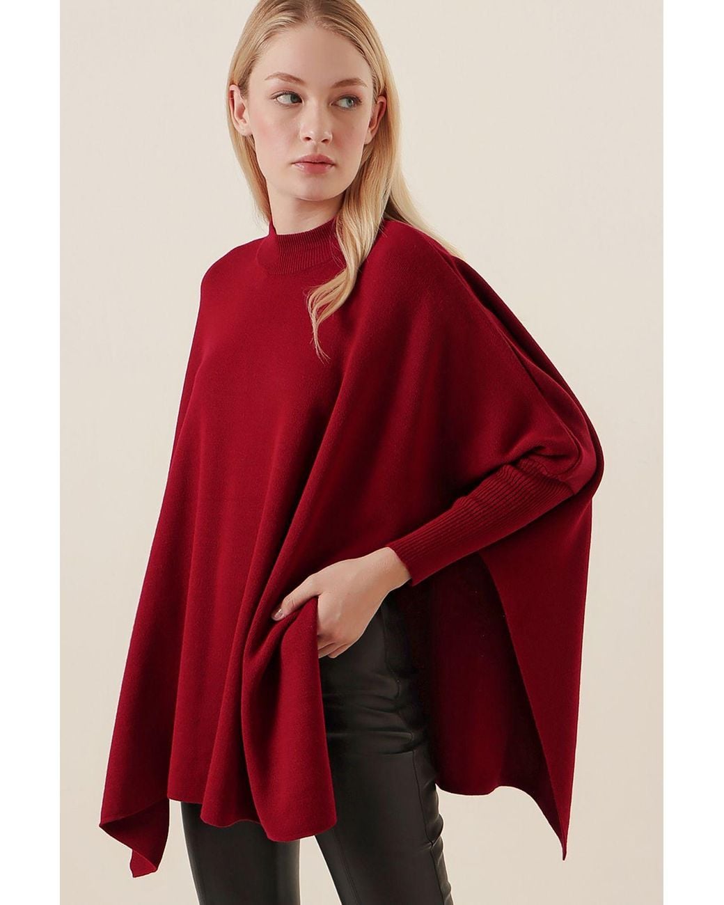 Bigdart Red Slit Detailed Half Turtleneck Loose Sweater