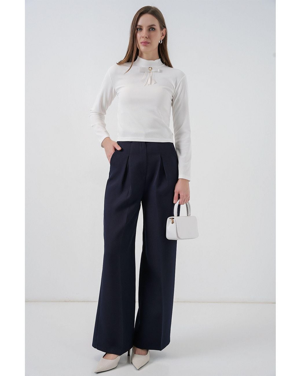 Bigdart Gray Fitted Long Sleeve Half Turtleneck Blouse With Ribbon Detail