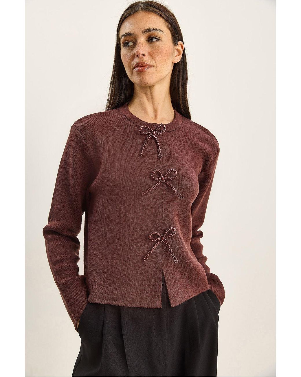 Bianco Lucci Purple Crew Neck Knit Cardigan With Bow Detail