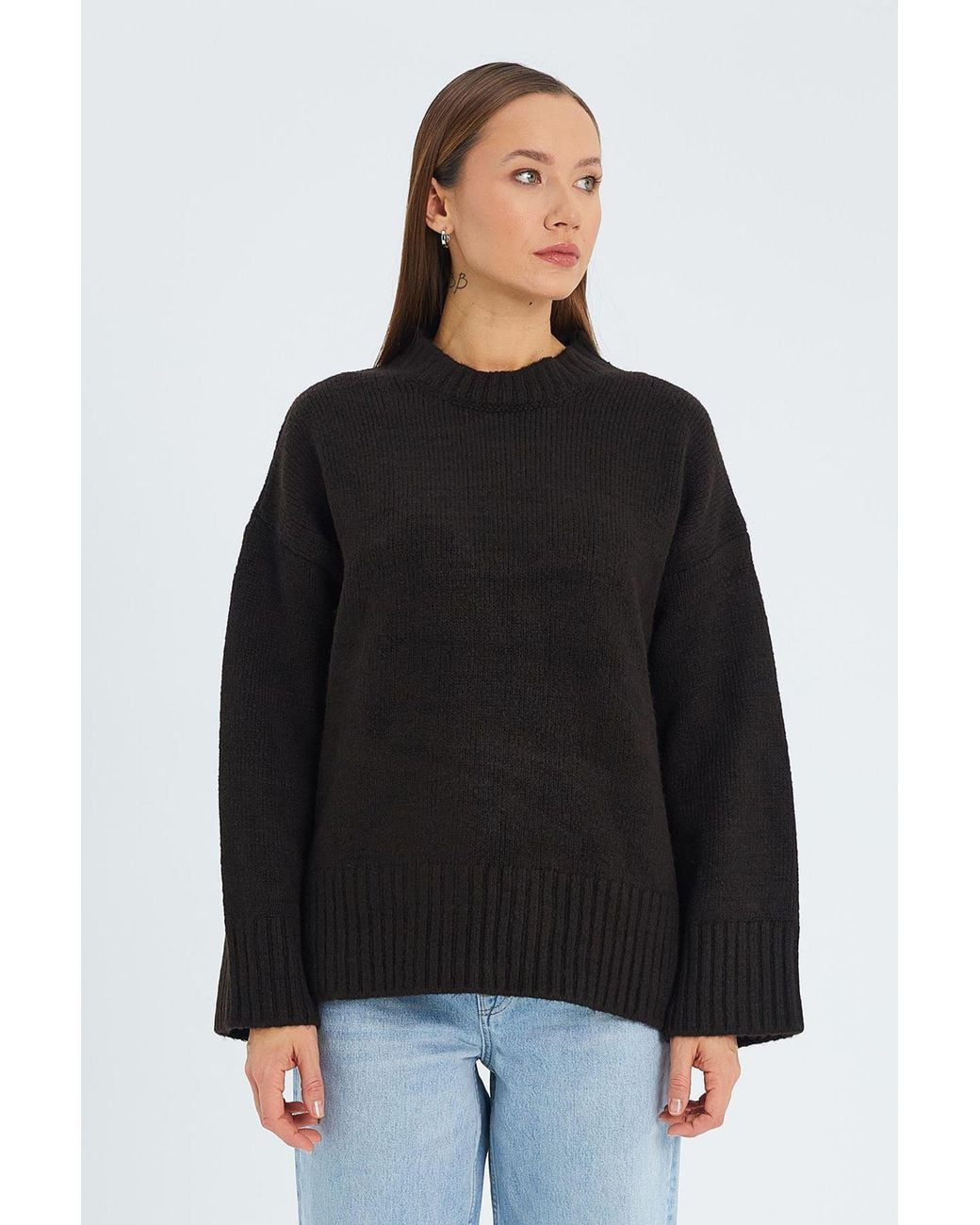 MixRay Black Oversized Ribbed Knit Sweater With Crew Neck