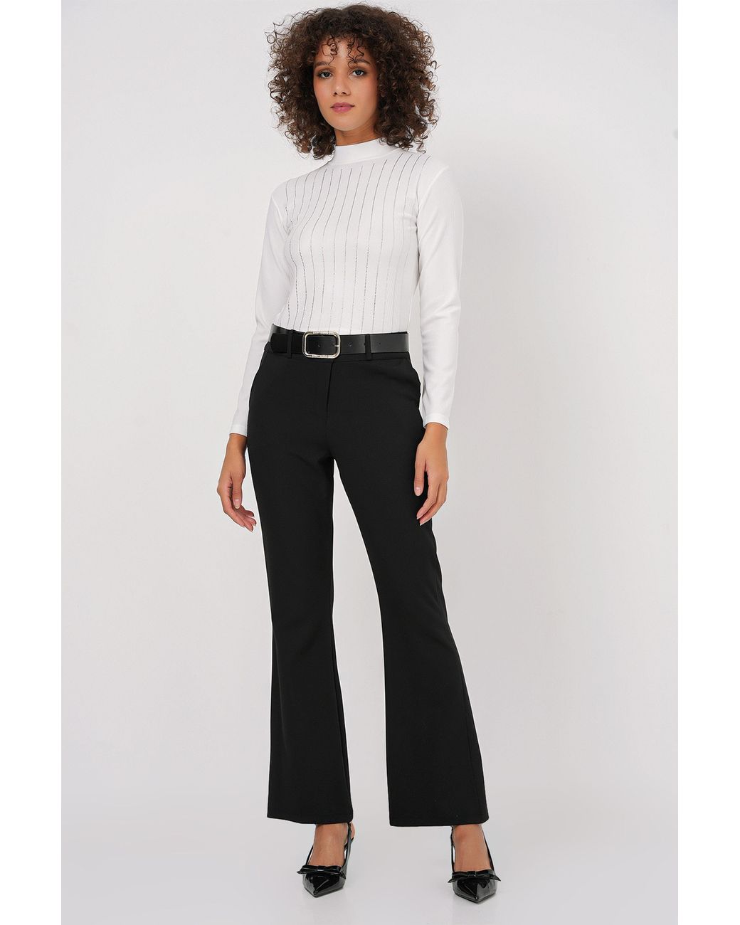 Bigdart White Striped Half Turtleneck Long Sleeve Top With Stone Detail